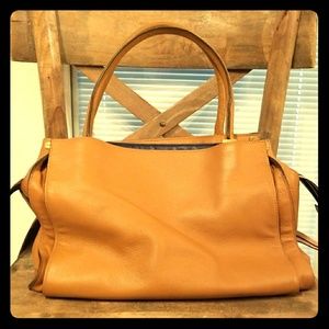 Tan leather top handle tote bag